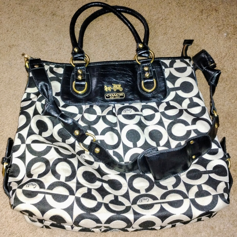 Coach Black & White Signature Canvas Tote with Leather Trim